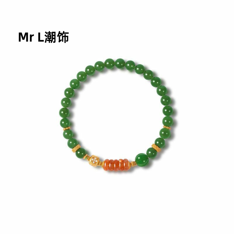 现货天然和田碧玉手串女S925银镀18K金金草莓6mm圆珠手链2025新款