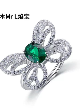 欧美风轻奢蝴蝶培育祖母绿戒指女S925银镶嵌培育彩宝指戒跨境专供