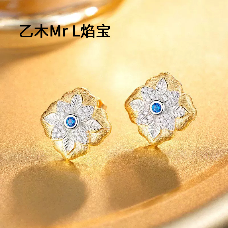 S925纯银手工拉丝中古风分色耳饰女生气质轻奢耳钉小众高级感耳环