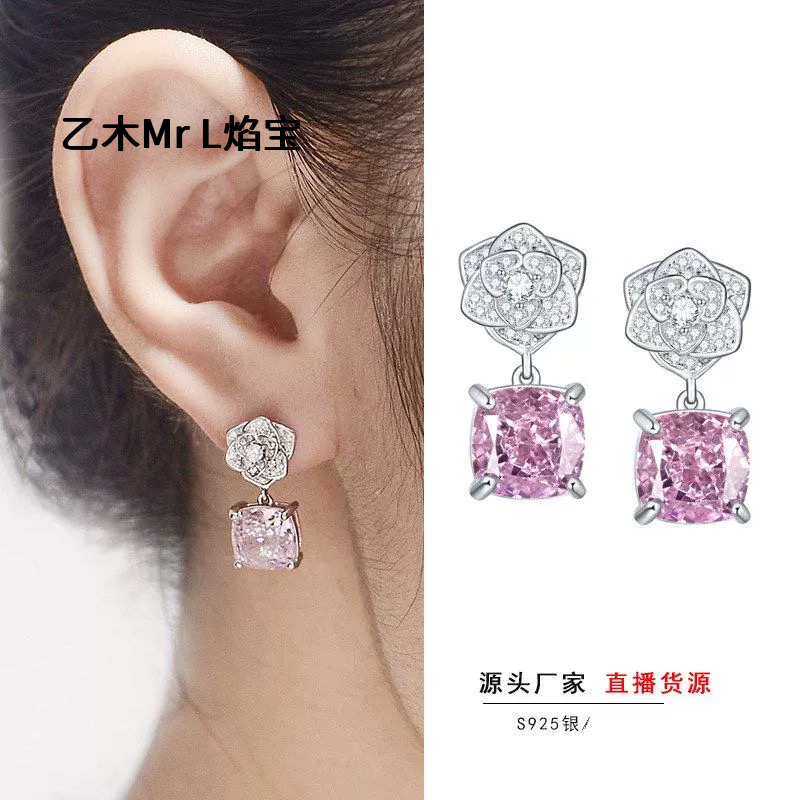 跨境新品925纯银枕形冰花切粉钻耳饰高级彩宝设计感精致女士耳钉