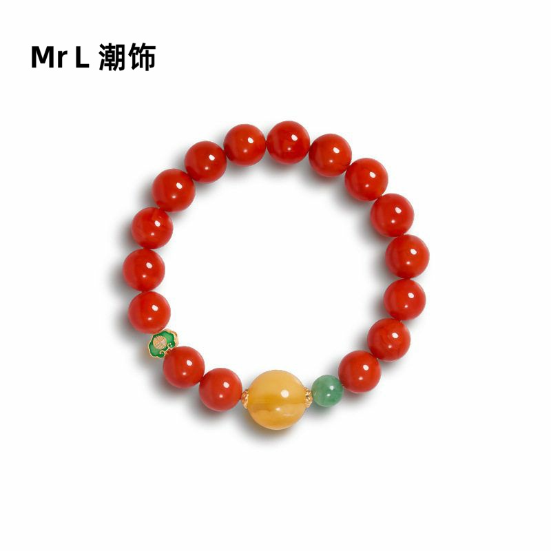 现货天然满肉南红手串女如意锁珐琅彩翡翠蜜蜡圆珠手链新款2025款