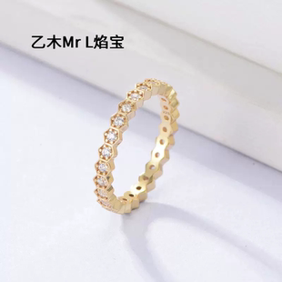 s925纯银六边形蜂巢锆石戒指女欧美ins潮人叠戴百搭个性组合指环