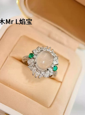 蛋面水沫玉戒指S925纯银冰种小冰蛋指环水滴钻玛瑙新中式玉石戒子