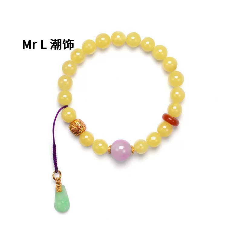 天然俄料蜜蜡手链女款S925纯银镀18k金紫锂辉石翡翠手串2025新款