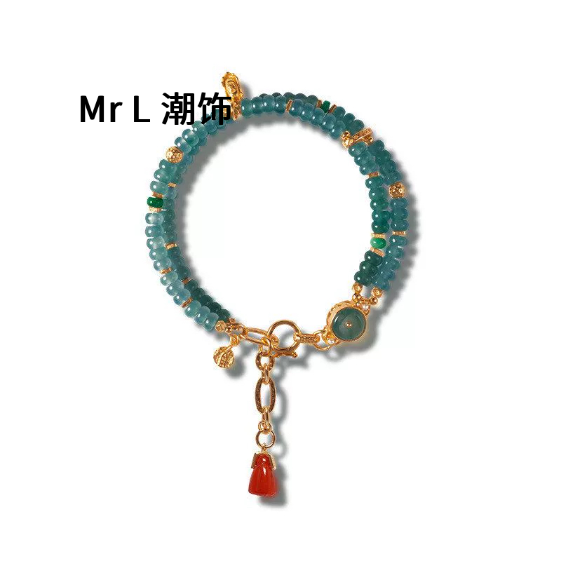 天然危地马拉蓝水翡翠手链女双圈S925银镀金算盘珠手串2025新款