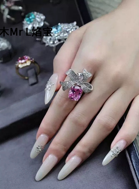 5ct热粉培育宝石蝴蝶结戒指S925纯银镀金轻奢甜美高级花朵指环