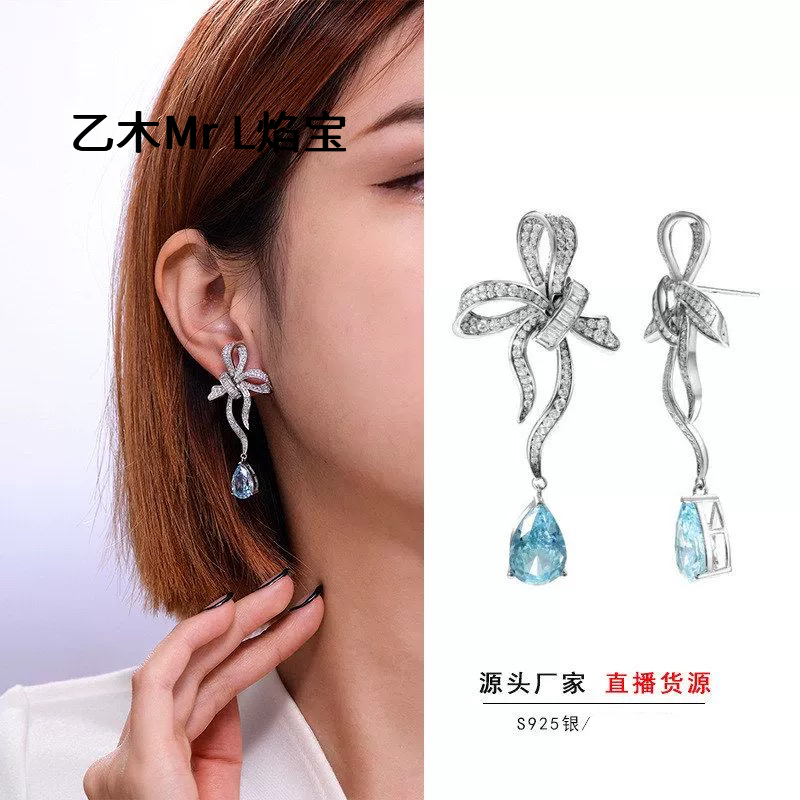 跨境货源S925纯银耳钉女8*12mm高碳钻镶嵌锆石设计感强耳环耳饰