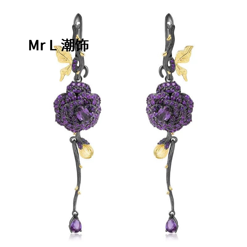 秘密花园设计师款耳坠自然风玫瑰设计s925银天然彩宝耳环华丽
