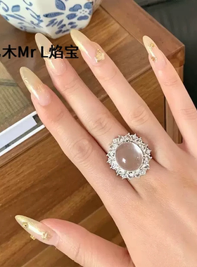S925银蛋面戒指镶嵌水沫玉玻璃种白冰玉髓戒面气质女指环2025新款