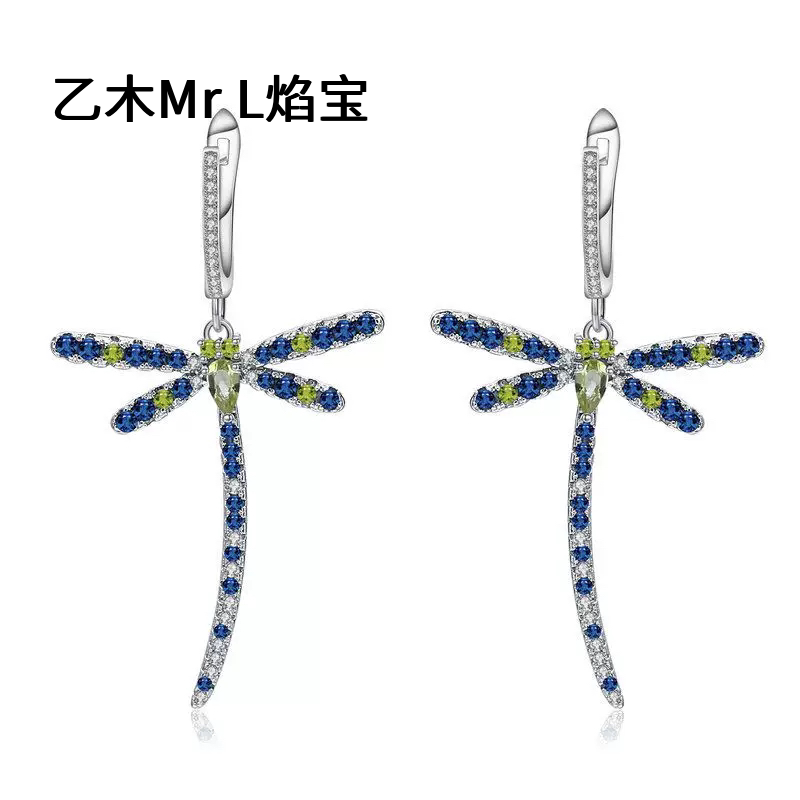 蜻蜓宝石耳环女2026新款英国扣s925纯银镶天然橄榄石耳饰2026新款