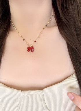 丽银韩系甜美红色满天星项链新款丽贝丽影复古百搭蝴蝶结锁骨链