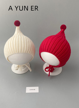 可爱宝宝毛线帽秋冬季保暖婴儿精灵帽新年红色小月龄针织护耳帽子