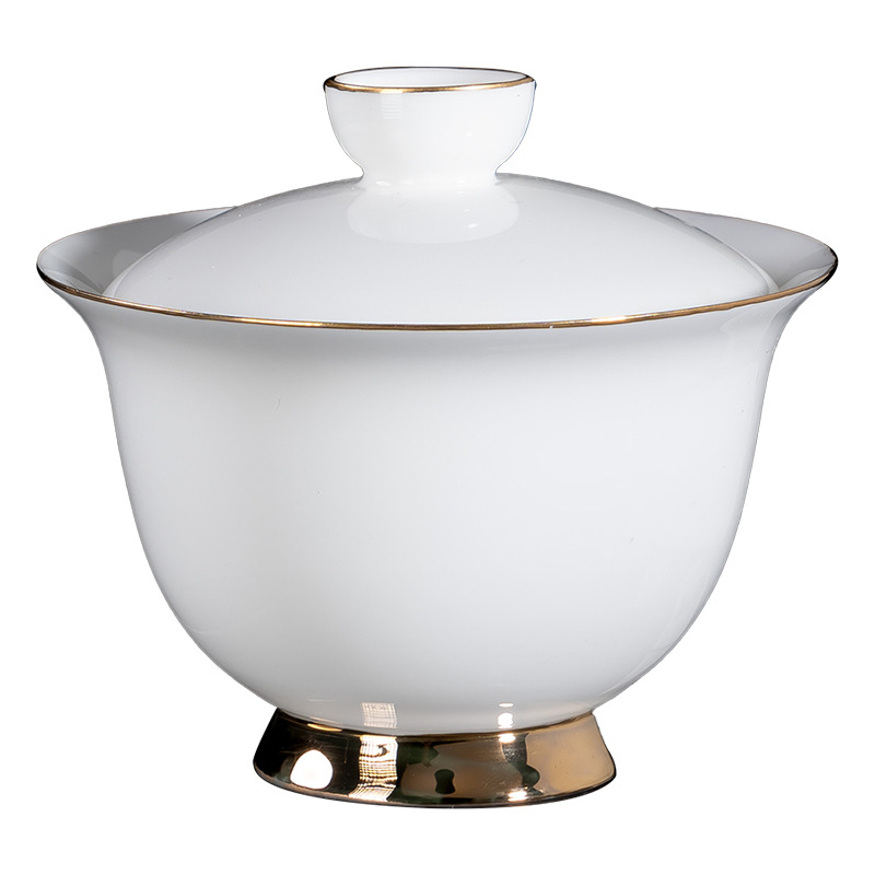 薄胎骨瓷描金三才盖碗工夫茶具 轻薄透高密度130ml家用泡茶薄盖碗