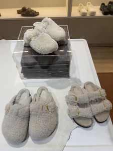Birkenstock羊羔毛勃肯鞋女秋冬季软木厚底加绒博肯半拖外穿拖鞋