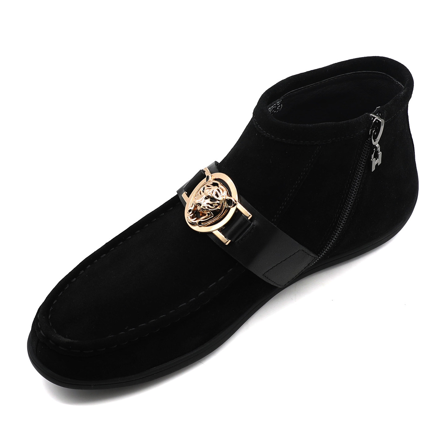 2025冬季高帮鞋男真皮时尚拉链厚底百搭筒靴潮男纯皮黑色休闲鞋男