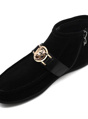 2025冬季高帮鞋男真皮时尚拉链厚底百搭筒靴潮男纯皮黑色休闲鞋男