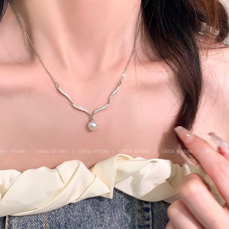 波浪锆石珍珠项链女款锁骨链配饰