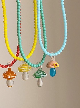 多巴胺彩色蘑菇串珠项链女锁骨链