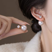 曼塔玫瑰色双面珍珠耳钉女款 秋冬高级感轻奢小众耳环百搭精致耳饰
