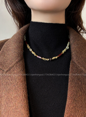 虎眼石项链金属拼接串珠毛衣链女