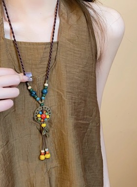 民族风陶瓷长款编绳项链女锁骨链