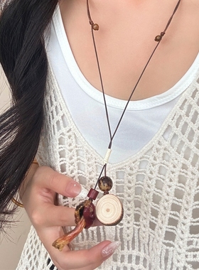 新中式蘑菇串珠吊坠项链女毛衣链