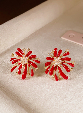 红色锆石烟花耳钉女2025新款爆款小巧精致高级感气质耳环新年耳饰