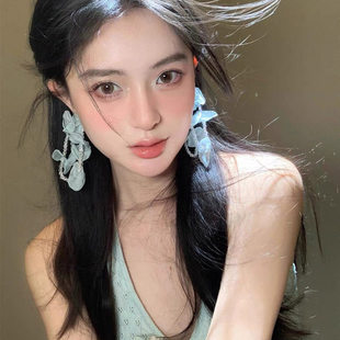 度假风薄荷绿色花朵流苏耳环女款夸张百搭时尚高级感耳钉春天耳饰