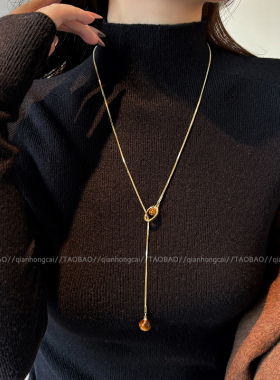 秋冬虎眼石抽拉项链女复古毛衣链