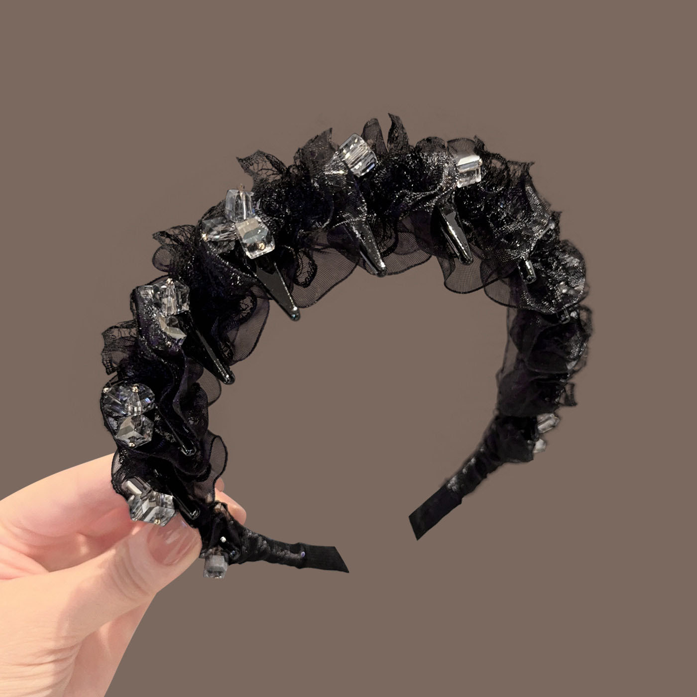 法式轻奢蕾丝水晶波浪发箍女防滑带齿高颅顶头箍日常外带洋气发饰
