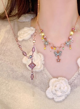 多巴胺彩色蝴蝶花朵项链女锁骨链