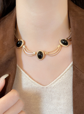黑金椭圆几何撞色项链女秋冬配饰