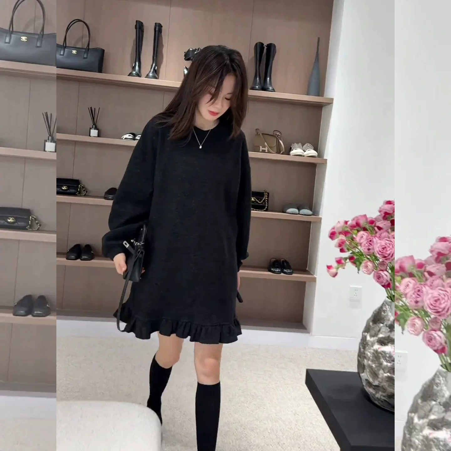 极简休闲黑色长袖连衣裙女秋冬季新款小个子宽松显瘦荷叶边中长裙