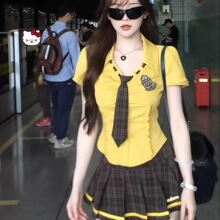 2025夏季新款学院风套装女JK制服水手服黄色衬衫穿搭辣妹百褶裙子