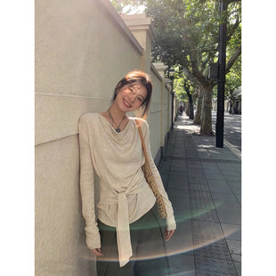 荡领针织衫长袖女装2026新款今年流行爆款绑带设计感早春气质上衣