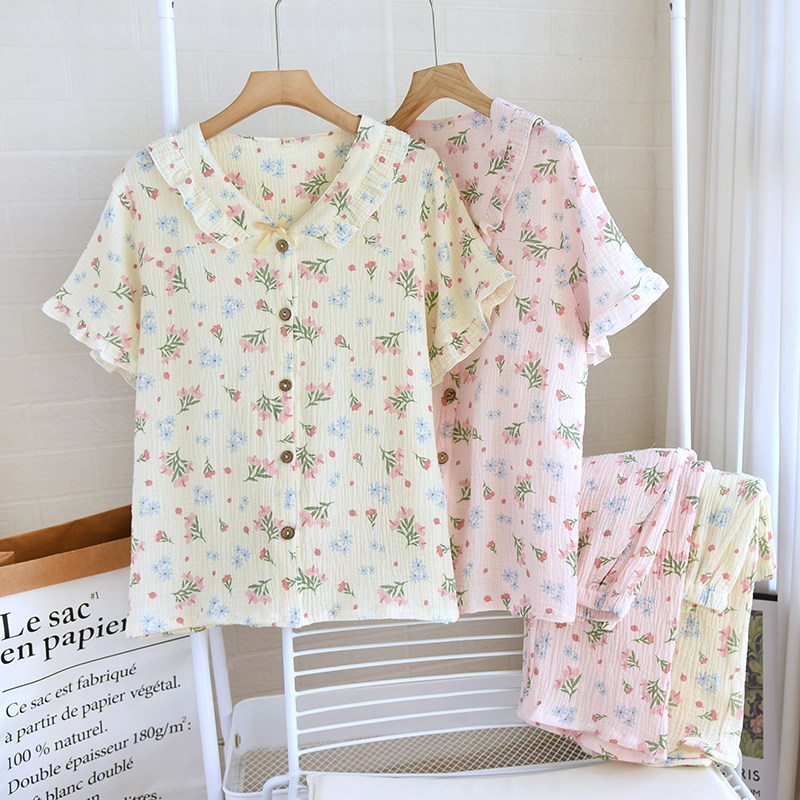 【秘密花园】抗菌碎花睡衣女夏季纯棉纱布短袖长裤薄款家居服套装