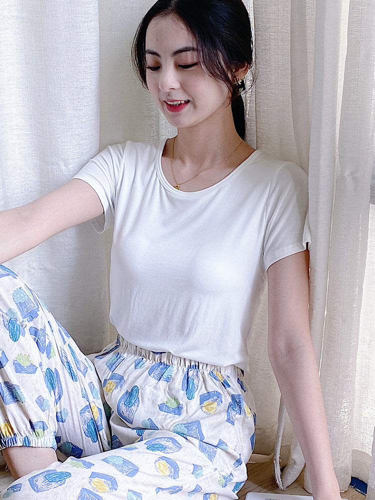 WITH CHEST PAD MODAL SHORT-SLEEVED T-SHIRT WOMENS SUMMER THIN SINGLE TOP SOLID COLOR ALL-IN-ONE BRA-FREE HALF-SLEEVED PAJAMAS
