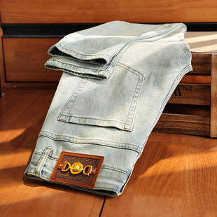 秋冬款欧货欧洲站轻奢碧绿蓝牛仔烫钻男士长裤弹力修身小直筒裤潮