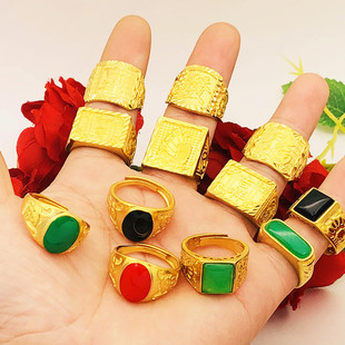 沙金戒指男女硬币镀金假黄金如意福发字厚金仿宝石首饰品久不掉色