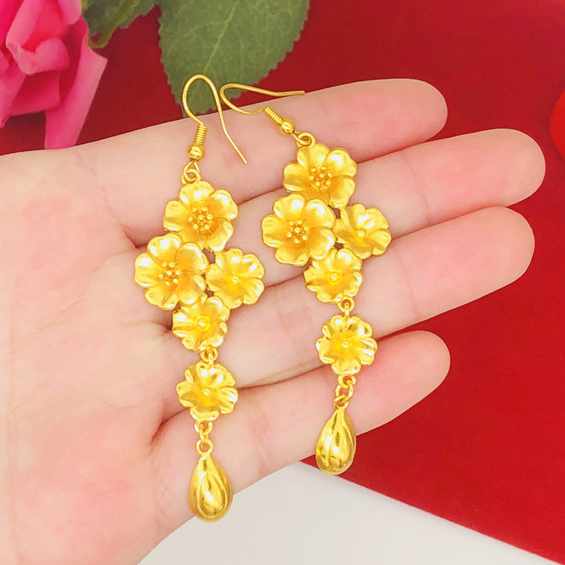 新中式沙金花朵耳环女铜镀金假黄金国潮长款繁花爱心水滴流苏耳坠