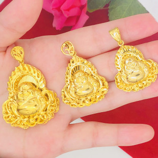 越南沙金吊坠女铜镀金假黄金弥勒佛火焰佛项链镂空福字佛首饰