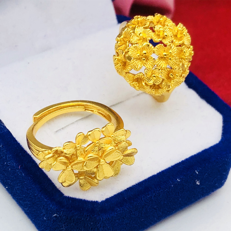 新沙金戒指女铜镀金假黄金繁花似锦镂空复古开口戒子金店同款饰品