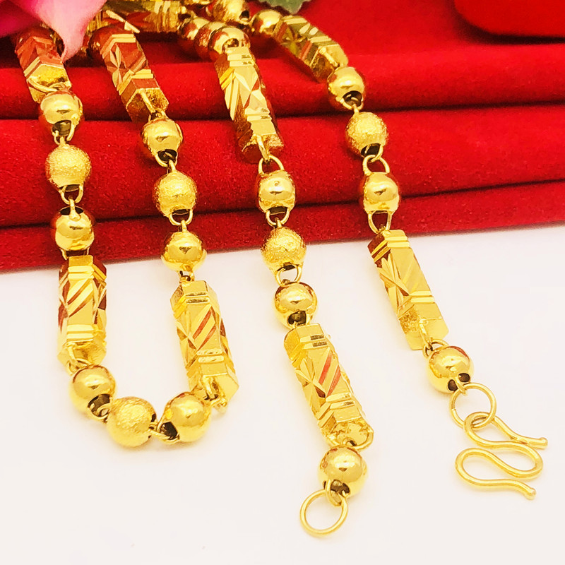霸气沙金项链男女铜镀金假黄金六角佛珠链久不掉色竹节圆珠老板链