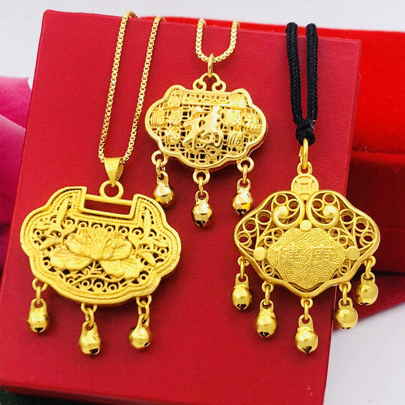 时尚金店同款沙金长命锁项链铜镀金假黄金平安锁结婚周岁红绳项坠