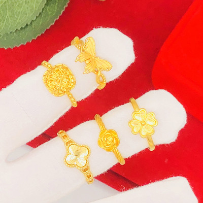 沙金时尚中式同款玫瑰四叶草戒指