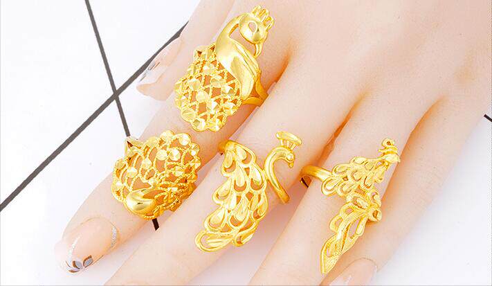 硬币越南沙金食指夸张大个性仿24k硬黄金色结婚孔雀活口戒指首饰