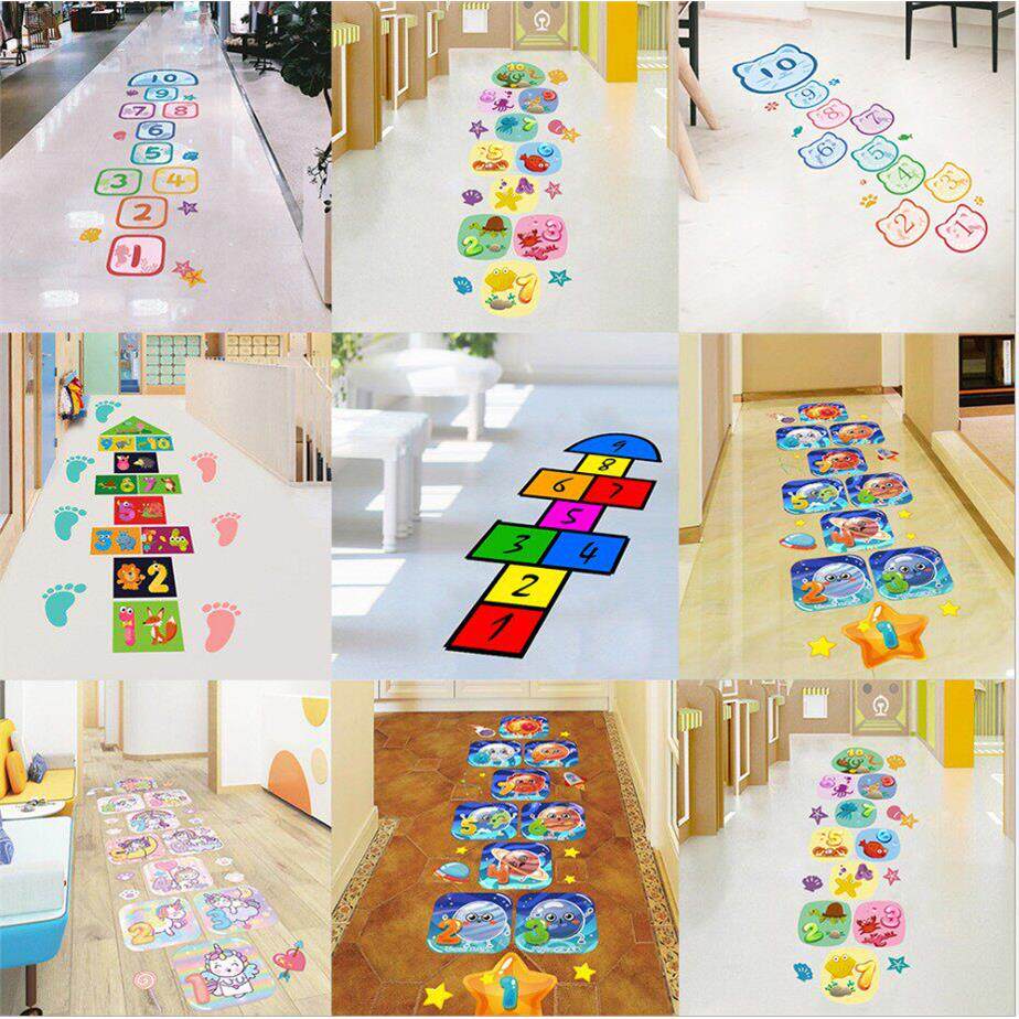幼儿园地面地板贴纸儿童跳房子飞机跳格子数字游戏方格小脚印地板