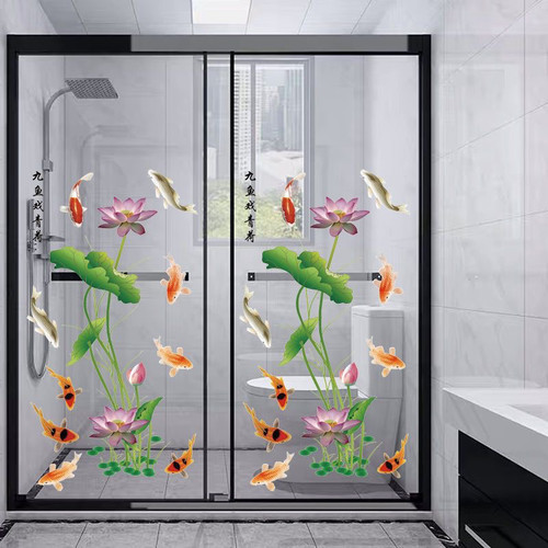 卫生间荷花自粘墙贴画厕所玻璃推拉门双面防撞莲花鲤鱼净秽图招财