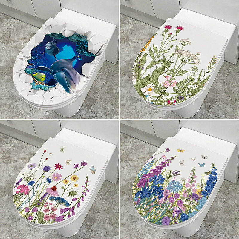 家用马桶盖贴纸厕所卫生间自粘装饰可爱海豚手绘鲜花蝴蝶马桶贴画图片
