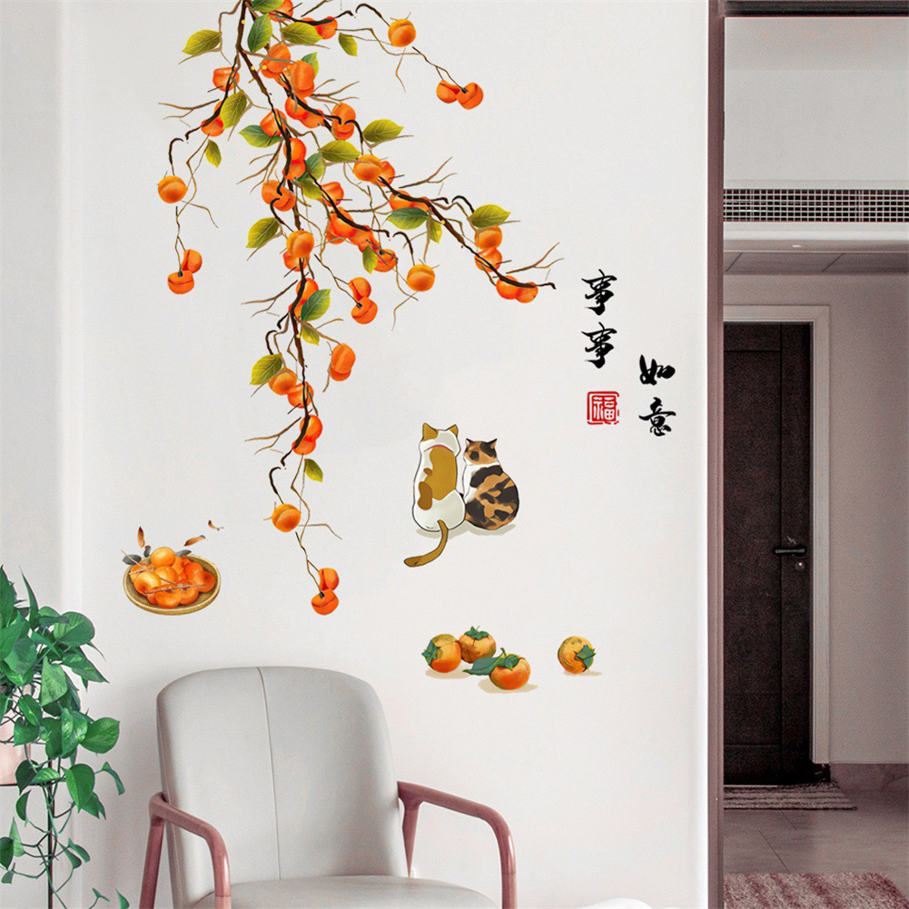 自粘玄关走廊墙面美化装饰新中式粘贴画客厅餐厅墙画柿柿如意猫咪图片